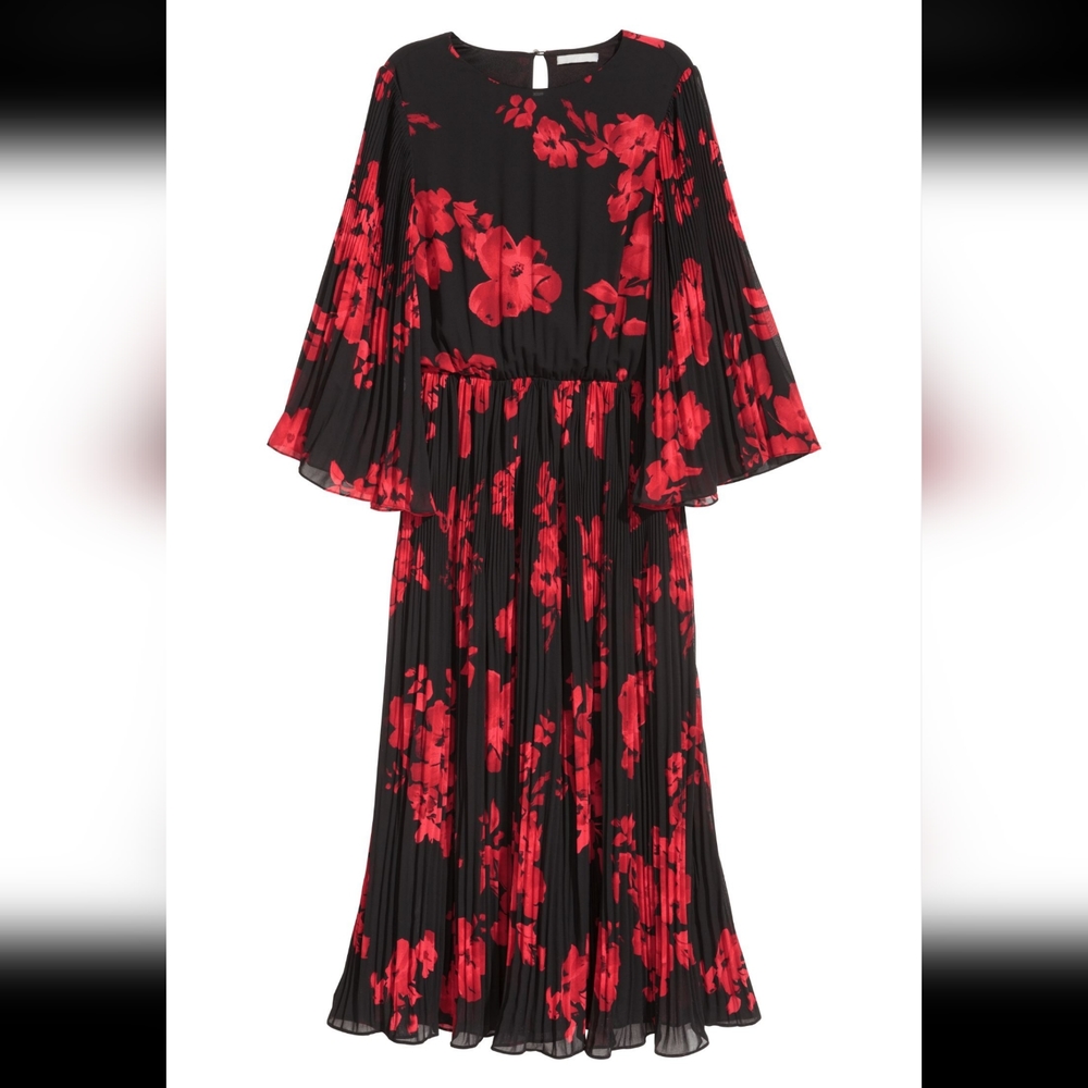 H&M Black and Red Floral Pleated Dress
